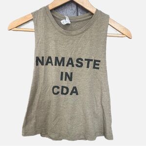 NAMASTE IN CDA Olive Green Sleeveless Graphic Tank Top